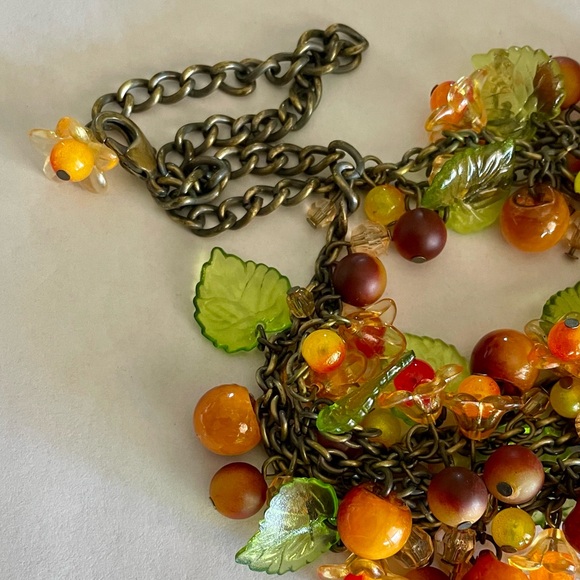 Vintage Lucite and Brass Fruit and Flora Necklace and Earrings Set Cha Cha Style - Picture 6 of 9